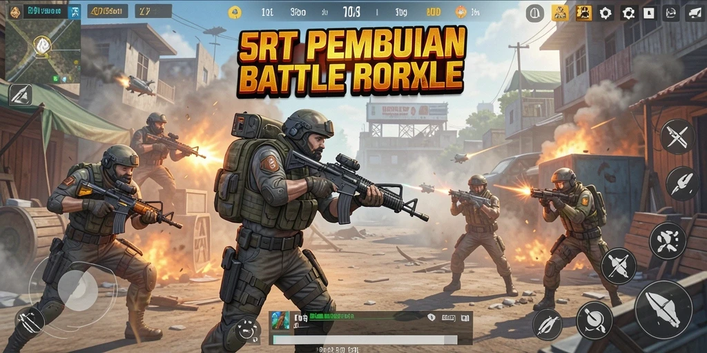 Screenshot 5RT menampilkan aksi seru di arena Battle Royale.