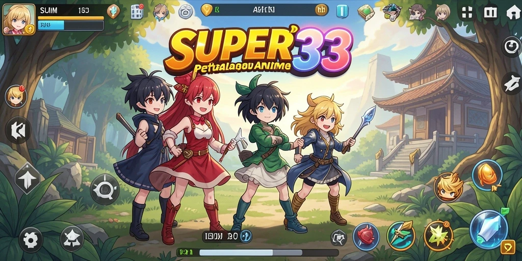 Screenshot gameplay SUPER33 memperlihatkan pertarungan seru karakter Anime.